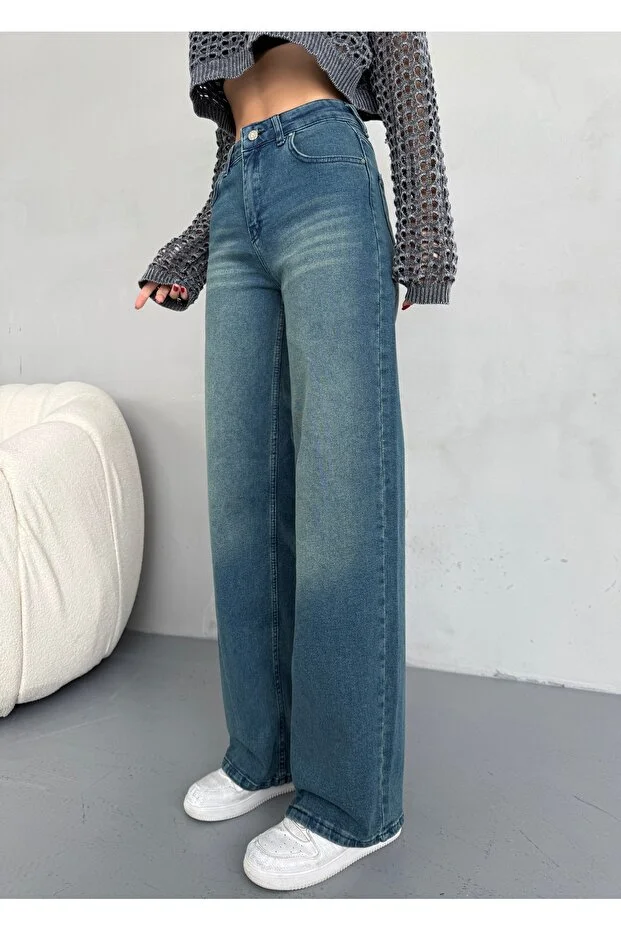 Kadın Yüksek bel Soluk Efektli Vintage Palazzo Jeans